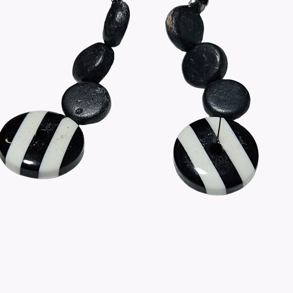Retro Black White Striped Disc Drop Earrings Statement Evening Fashion Jewelry - Picture 3 of 5